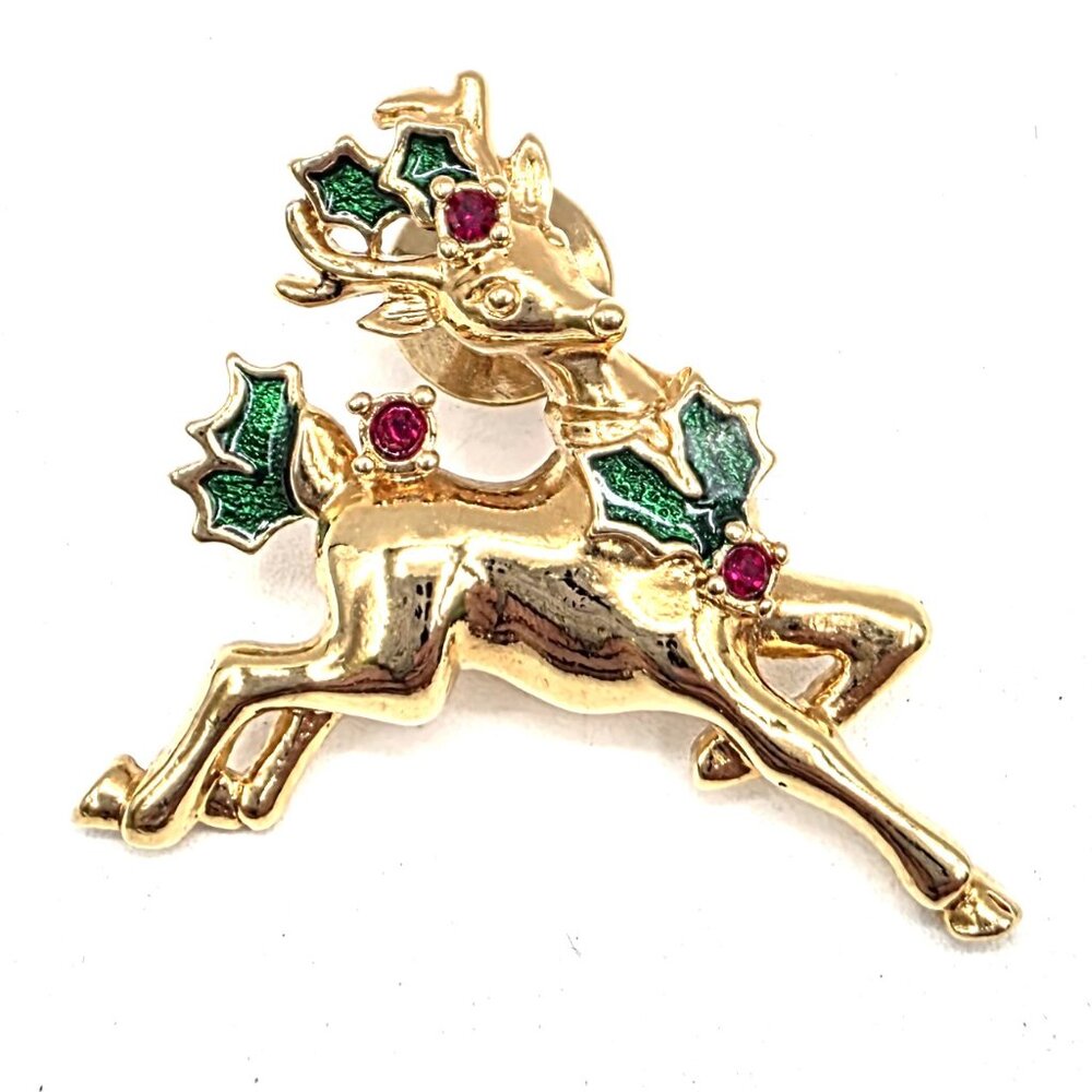 Avon Reindeer Jewelry Holiday Christmas Gold Tone Red Rhinestone Tie Pin Brooch